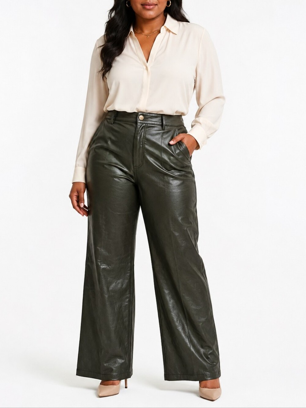 Marc New York Olive Green Faux Leather Wide-Leg Pants